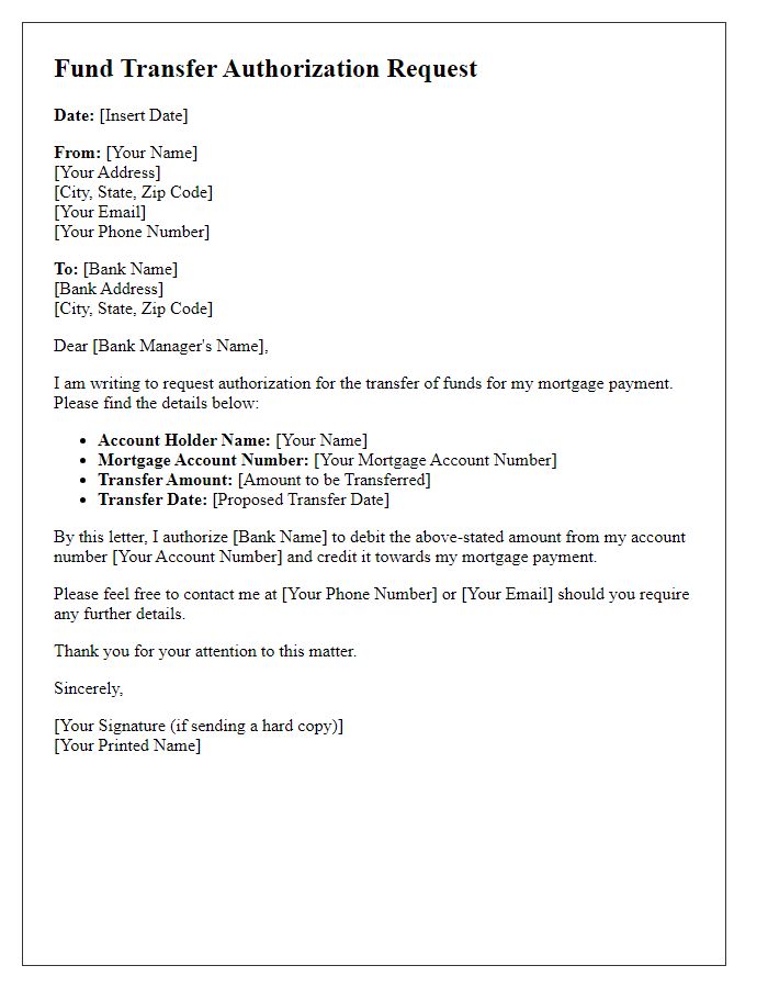 Letter template of fund transfer authorization request for mortgage payments.