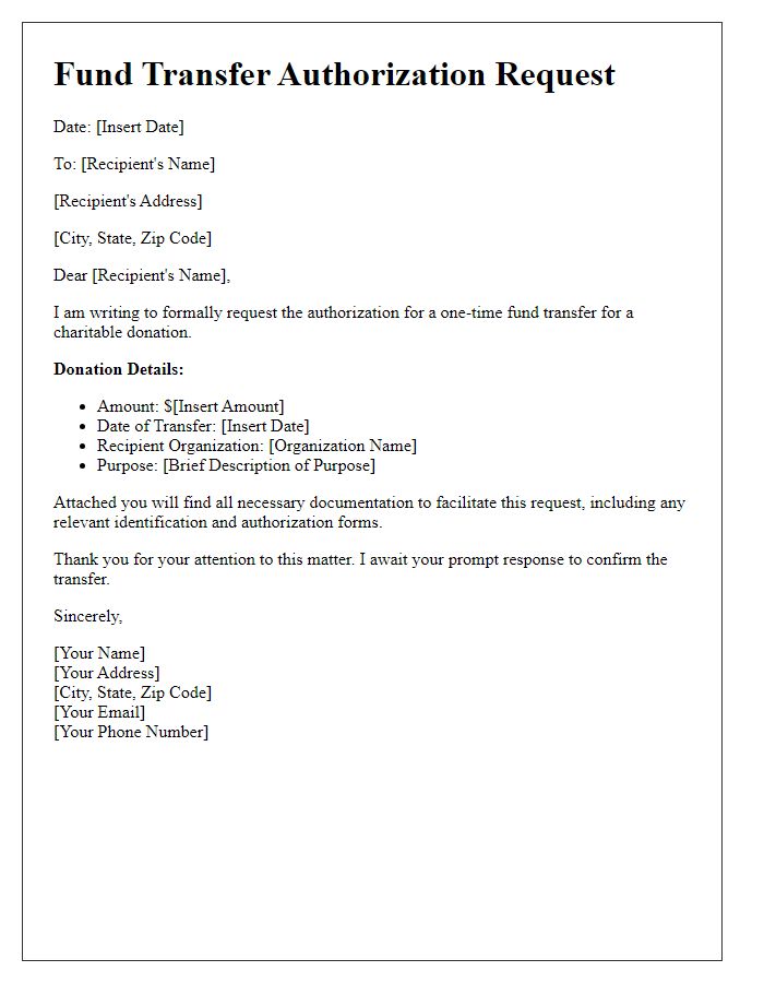 Letter template of fund transfer authorization request for one-time donations.