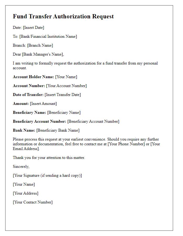 Letter template of fund transfer authorization request for personal accounts.