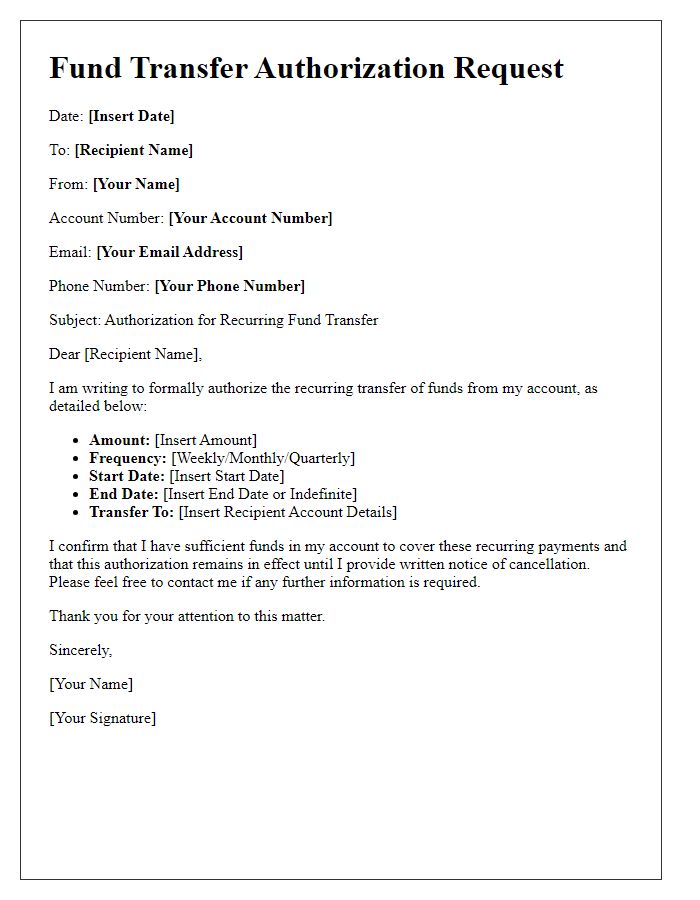 Letter template of fund transfer authorization request for recurring payments.