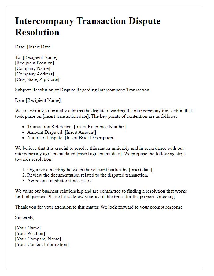 Letter template of intercompany transaction dispute resolution.