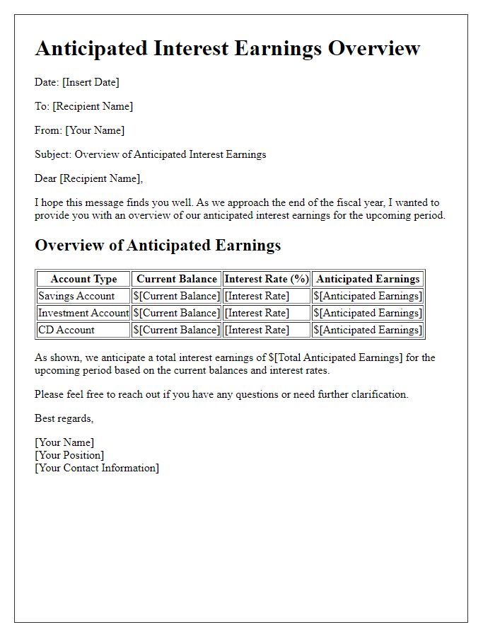 Letter template of anticipated interest earnings overview