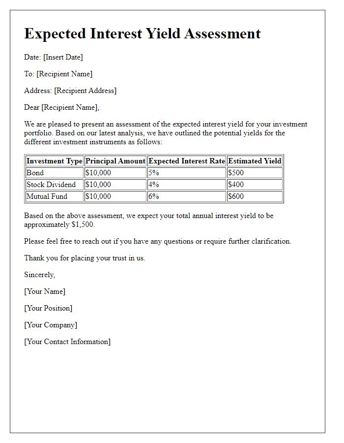 Letter template of expected interest yield assessment