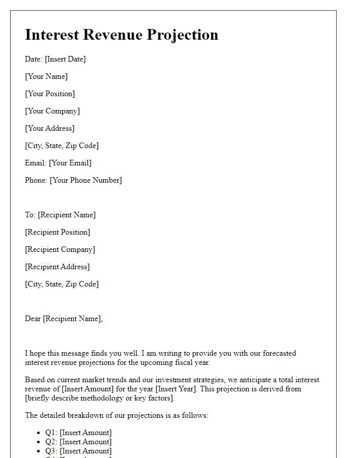 Letter template of forecasted interest revenue projection