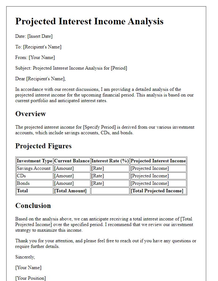 Letter template of projected interest income analysis