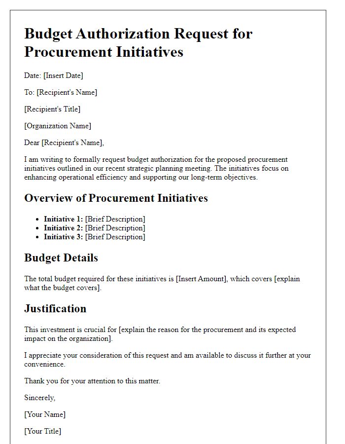 Letter template of budget authorization request for procurement initiatives