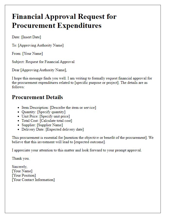 Letter template of financial approval request for procurement expenditures