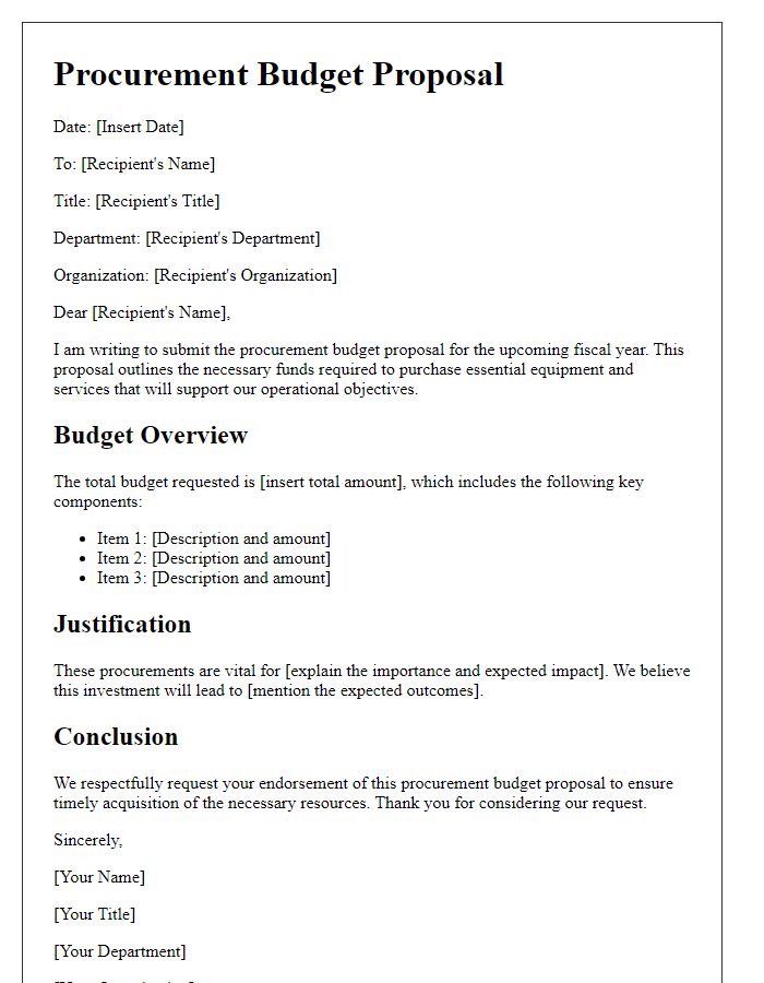 Letter template of procurement budget proposal for fiscal endorsement