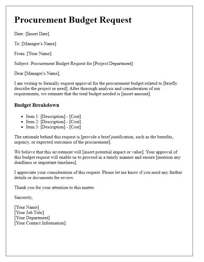 Letter template of procurement budget request for management approval