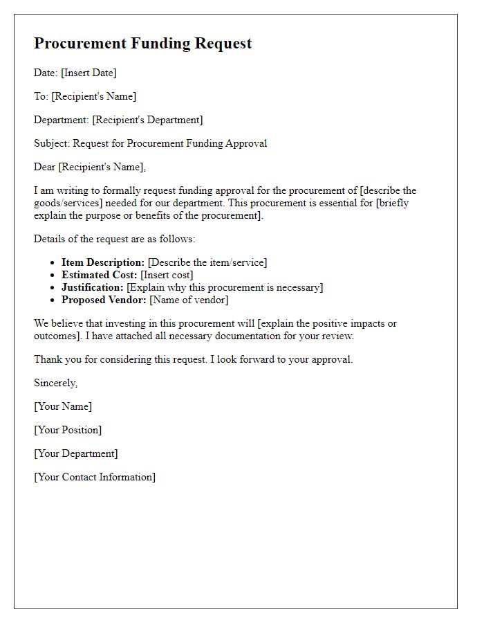 Letter template of procurement funding request for departmental consent