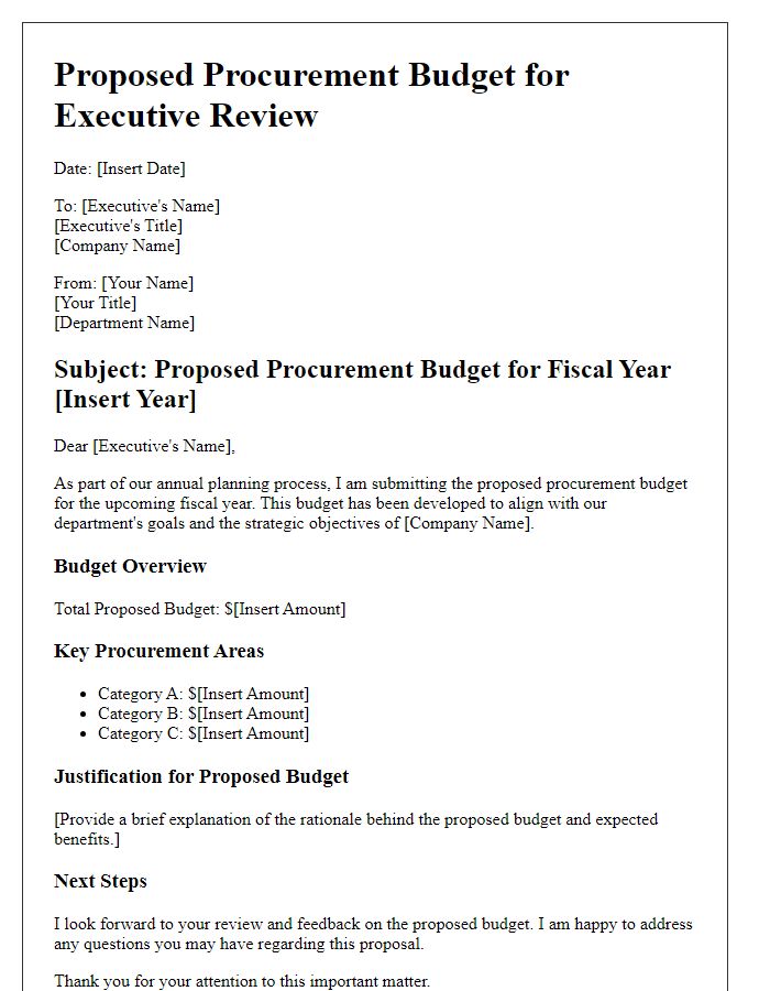 Letter template of proposed procurement budget for executive review