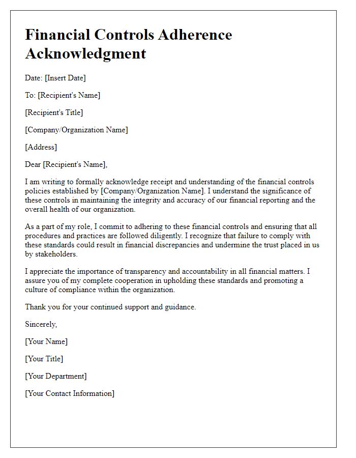 Letter template of financial controls adherence acknowledgment