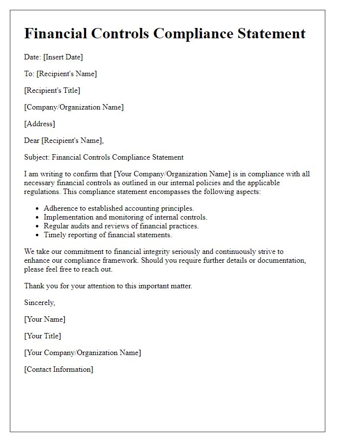 Letter template of financial controls compliance statement