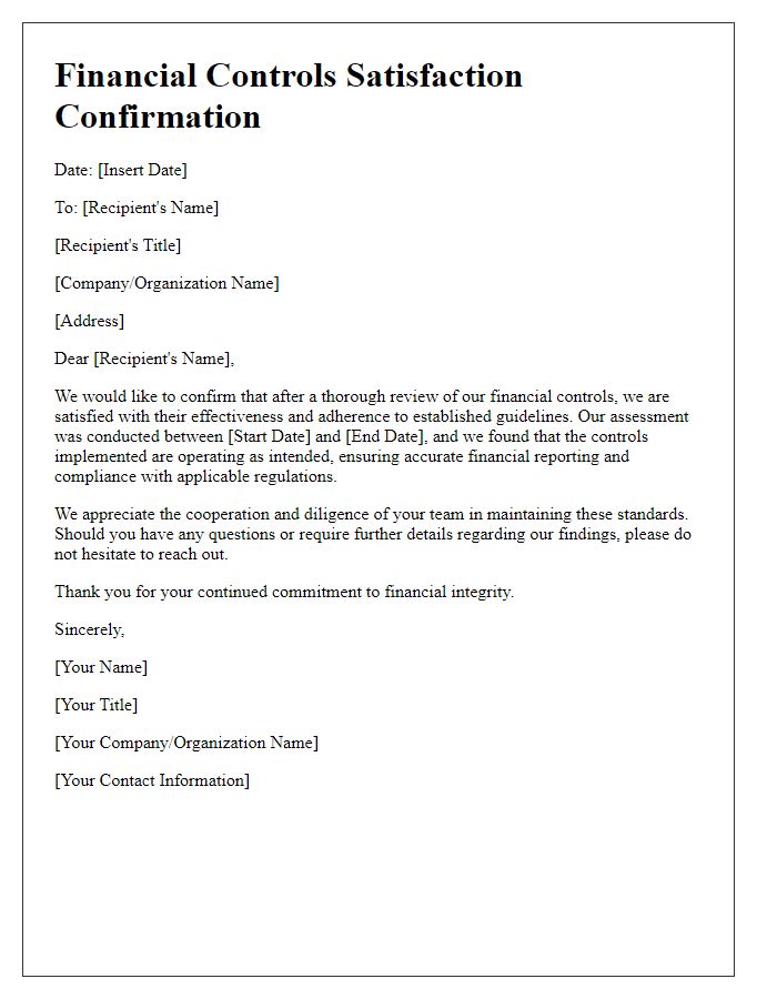 Letter template of financial controls satisfaction confirmation