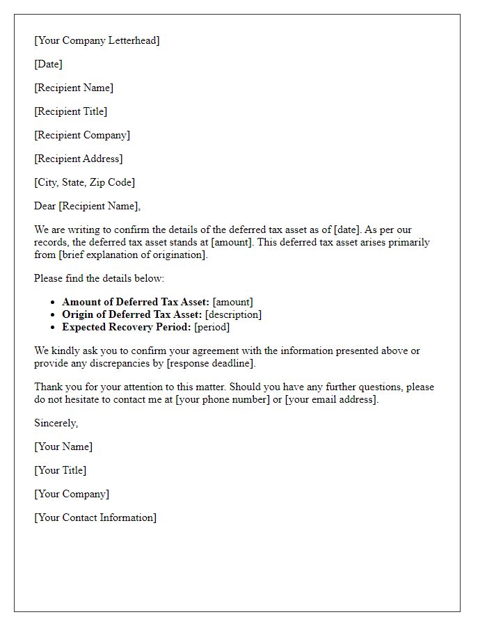 Letter template of deferred tax asset confirmation