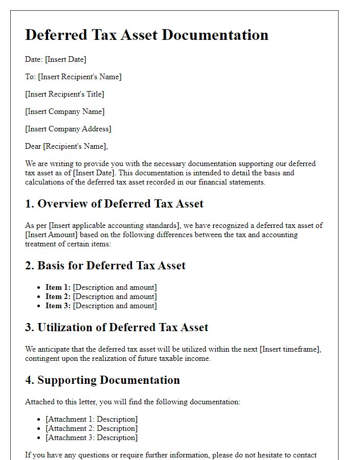 Letter template of deferred tax asset documentation