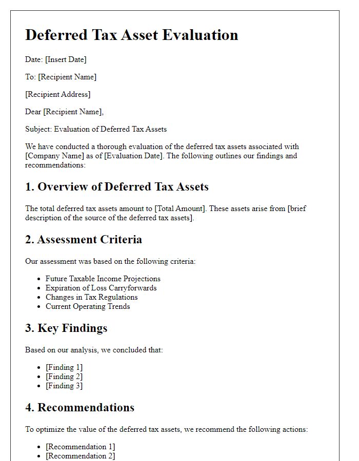 Letter template of deferred tax asset evaluation