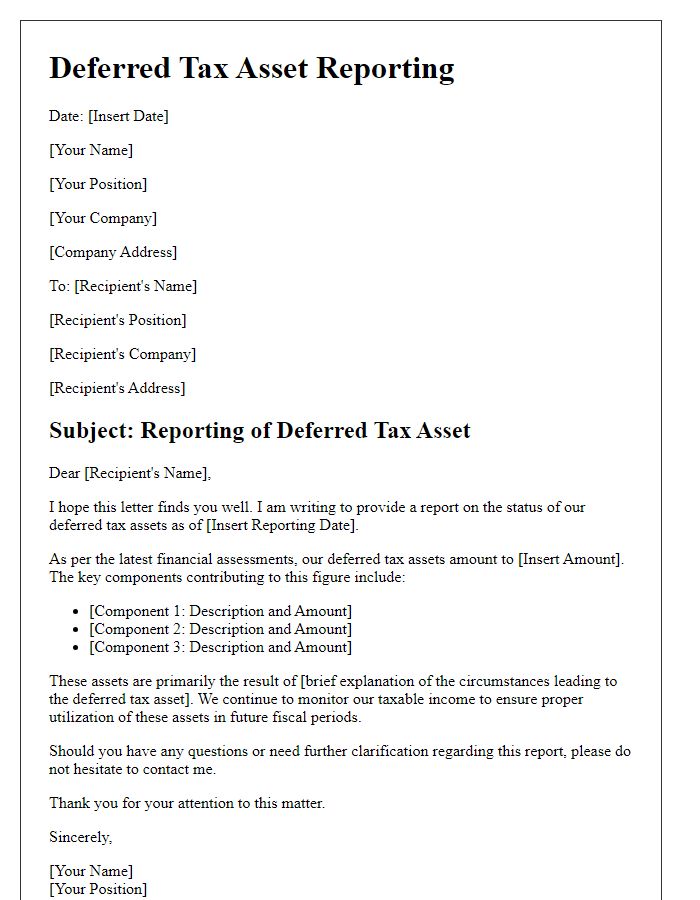 Letter template of deferred tax asset reporting