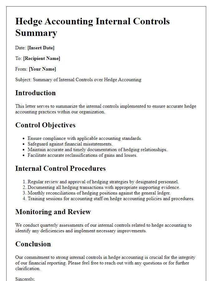 Letter template of hedge accounting internal controls summary