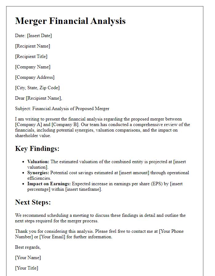 Letter template of merger financial analysis