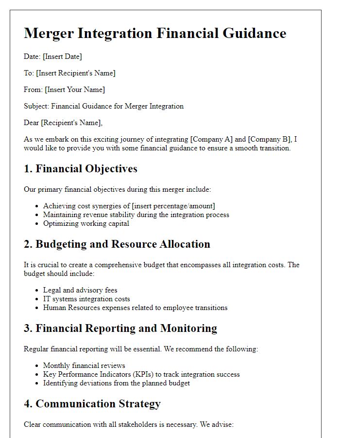 Letter template of merger integration financial guidance