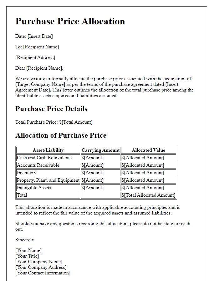 Letter template of purchase price allocation