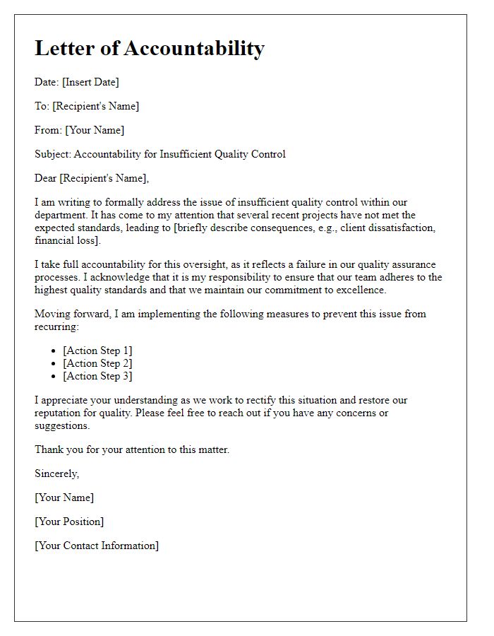 Letter template of accountability for insufficient quality control.