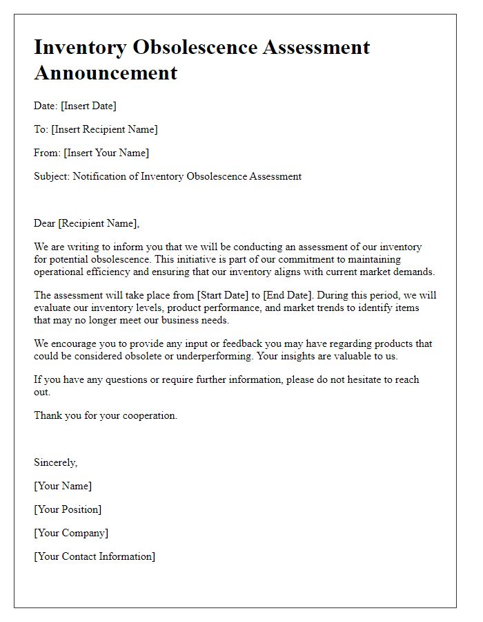 Letter template of inventory obsolescence assessment announcement