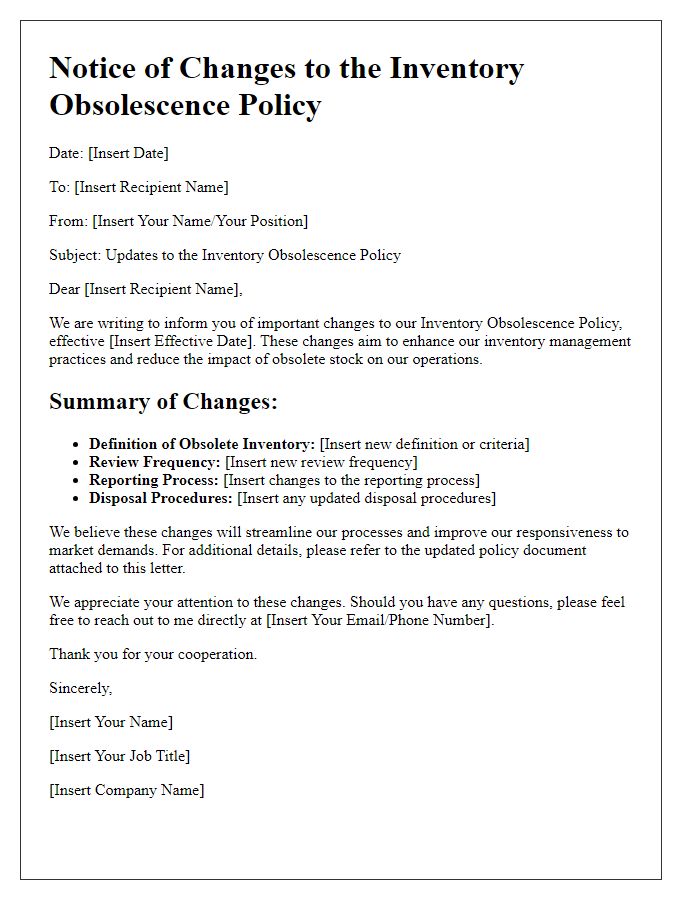 Letter template of inventory obsolescence policy changes