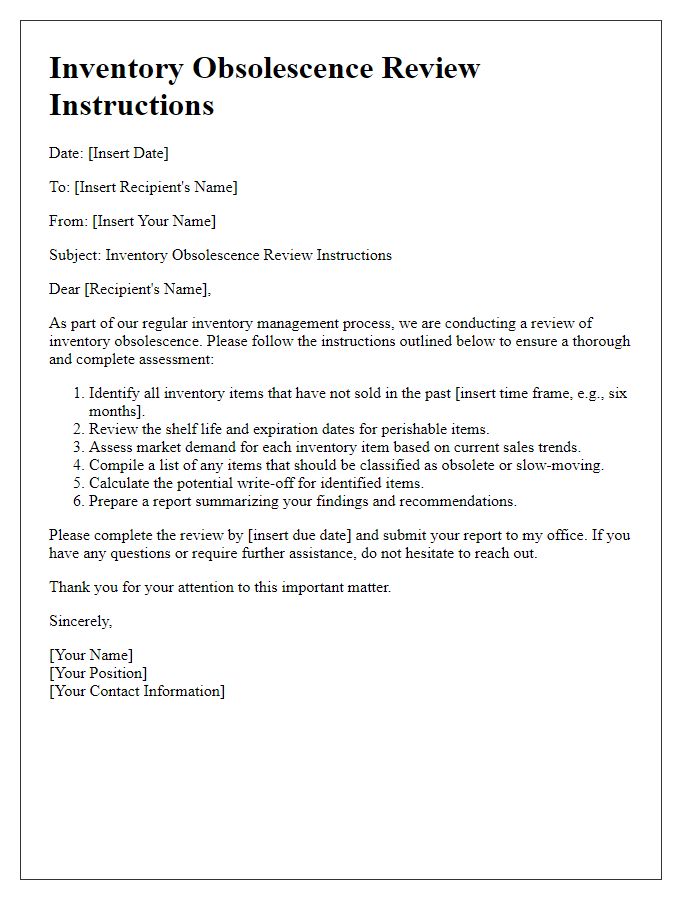 Letter template of inventory obsolescence review instructions