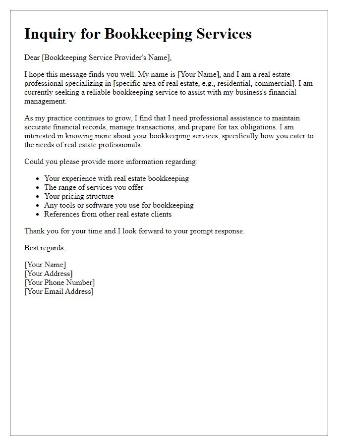 Letter template of bookkeeping service inquiry for real estate professionals