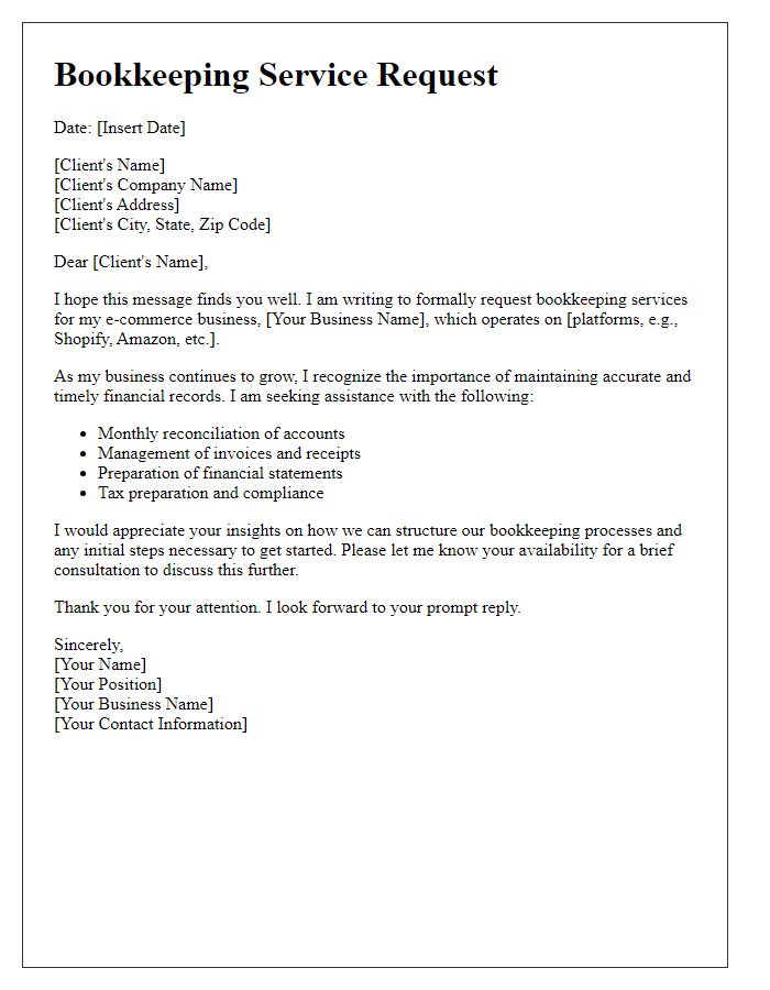 Letter template of bookkeeping service request for e-commerce businesses