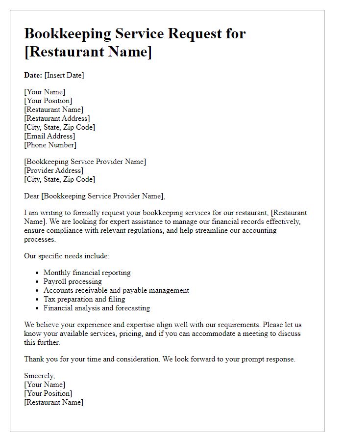 Letter template of bookkeeping service request for restaurants