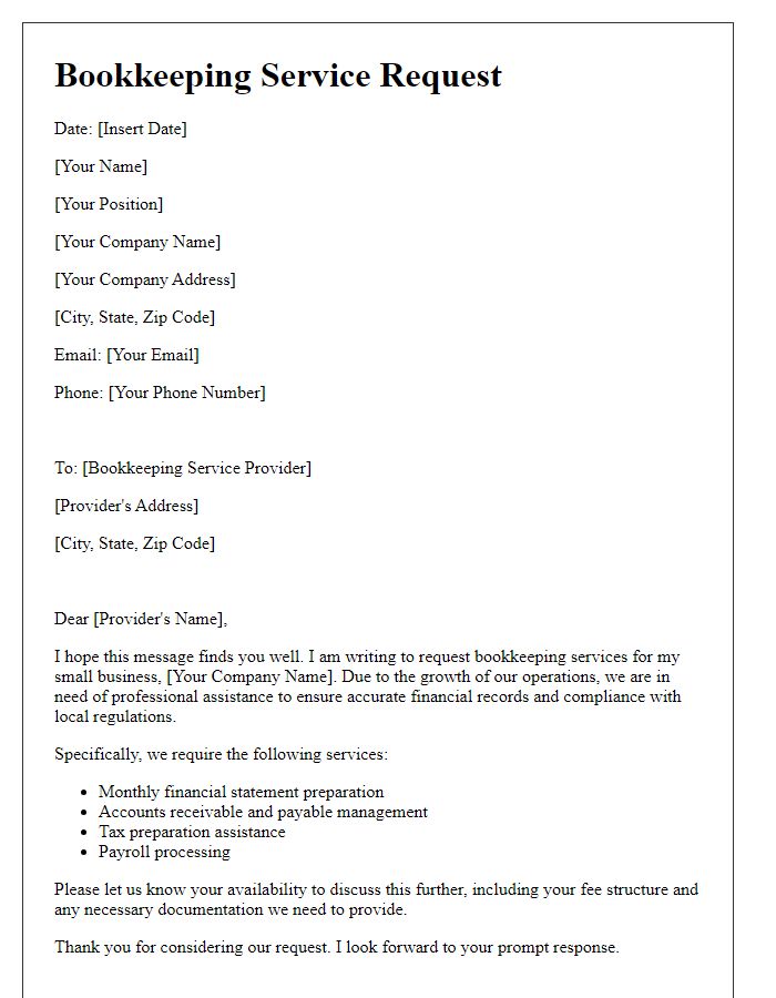 Letter template of bookkeeping service request for small business needs