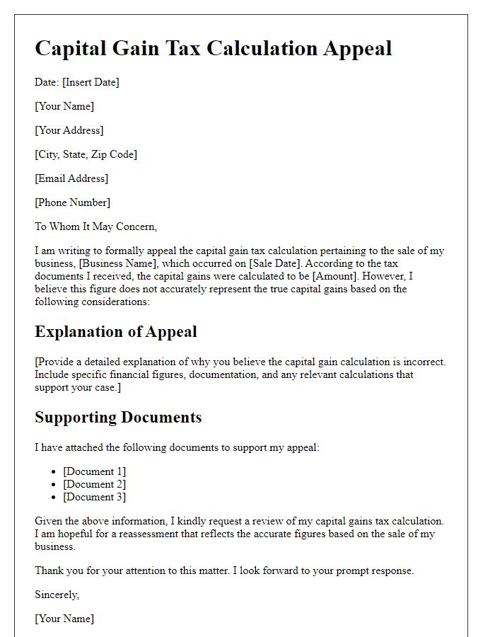 Letter template of capital gain tax calculation appeal for business sale.