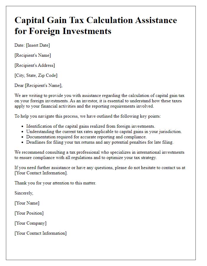 Letter template of capital gain tax calculation assistance for foreign investments.