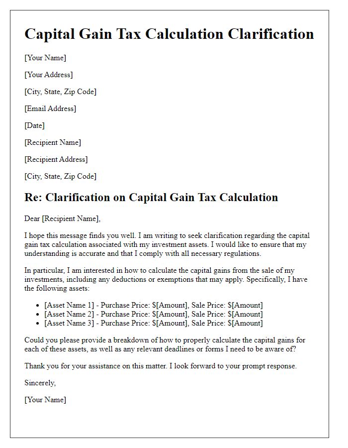 Letter template of capital gain tax calculation clarification for investment assets.