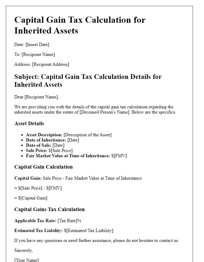 Letter template of capital gain tax calculation details for inherited assets.