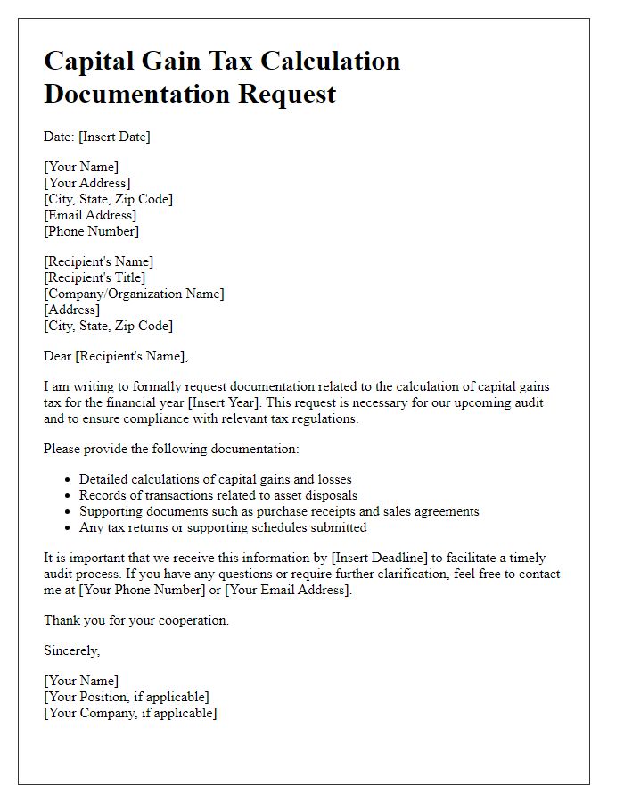 Letter template of capital gain tax calculation documentation request for audit.