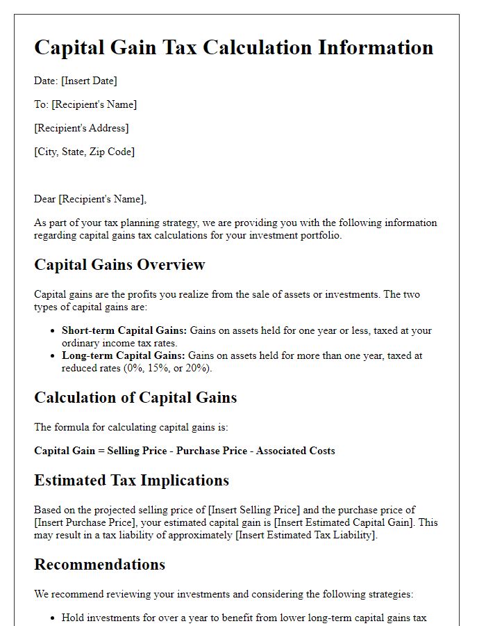 Letter template of capital gain tax calculation information for tax planning.