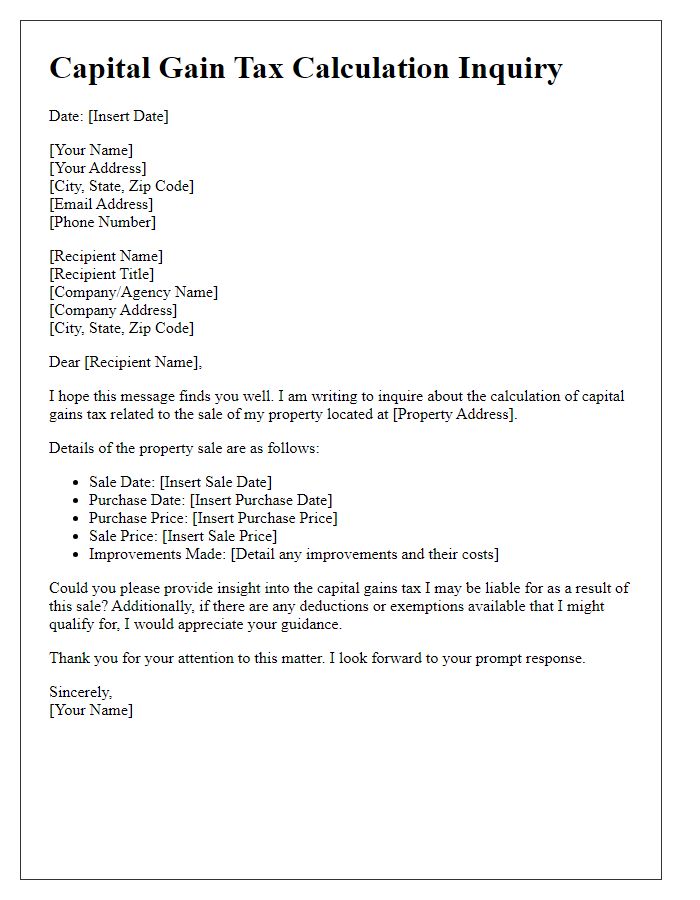 Letter template of capital gain tax calculation inquiry for property sale.