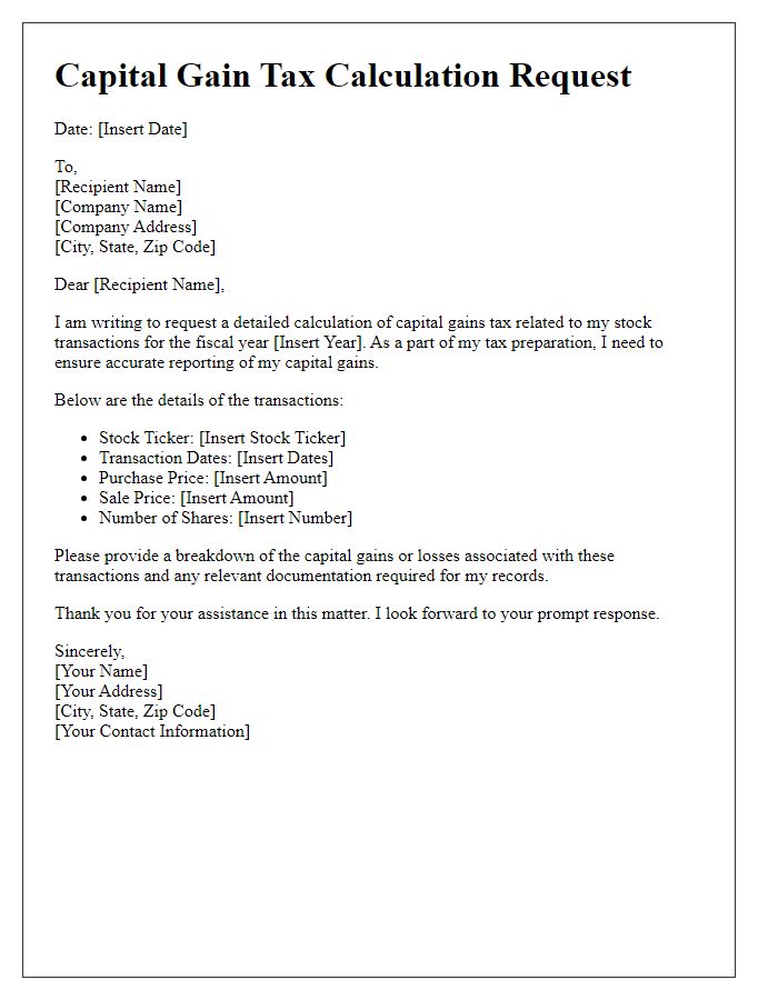 Letter template of capital gain tax calculation request for stock transaction.