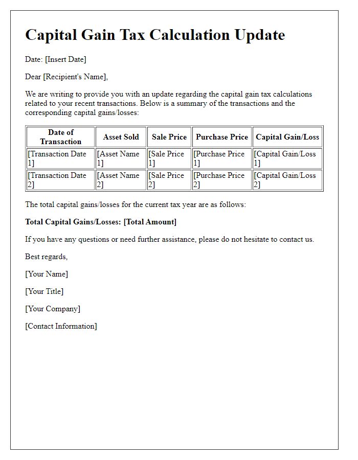 Letter template of capital gain tax calculation update for recent transactions.