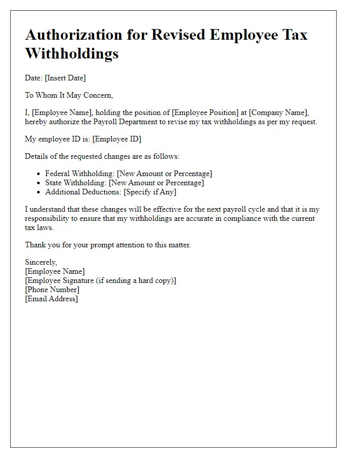 Letter template of authorization for revised employee tax withholdings