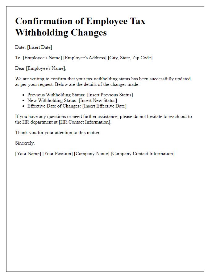 Letter template of confirmation of employee tax withholding changes