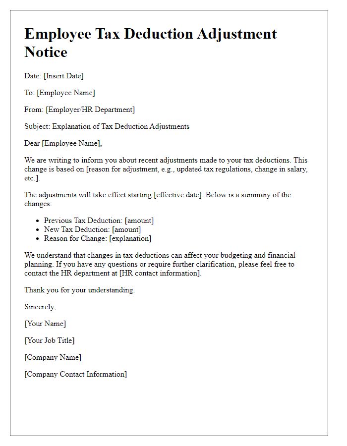 Letter template of explanation for employee tax deduction adjustments