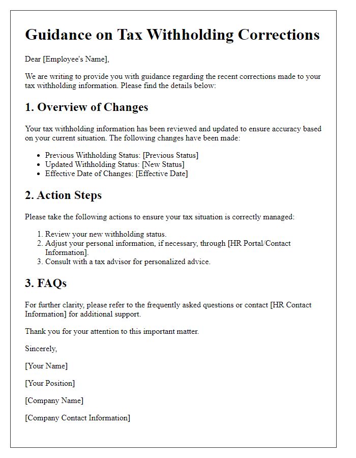 Letter template of guidance for employees on tax withholding corrections