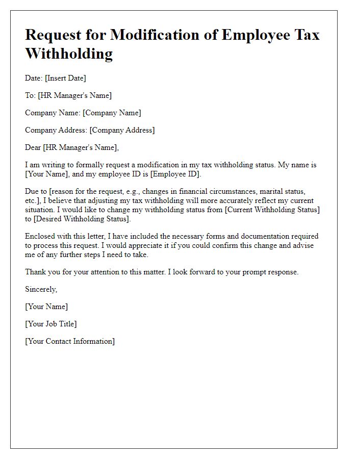 Letter template of request for employee tax withholding modification