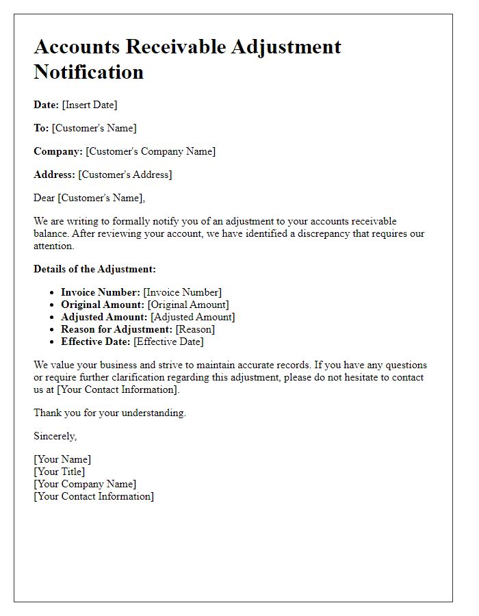 Letter template of Accounts Receivable Adjustment Notification