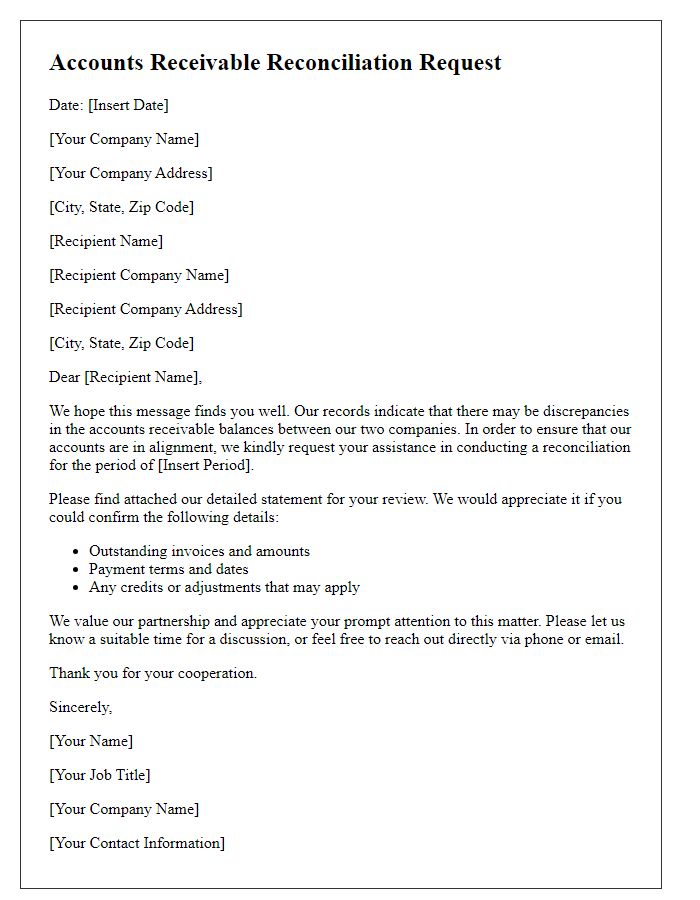 Letter template of Accounts Receivable Reconciliation Request